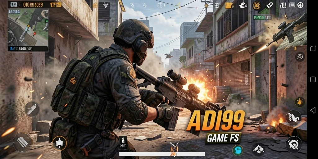 Screenshot gameplay ADI99 dengan aksi tembak-menembak yang intens.