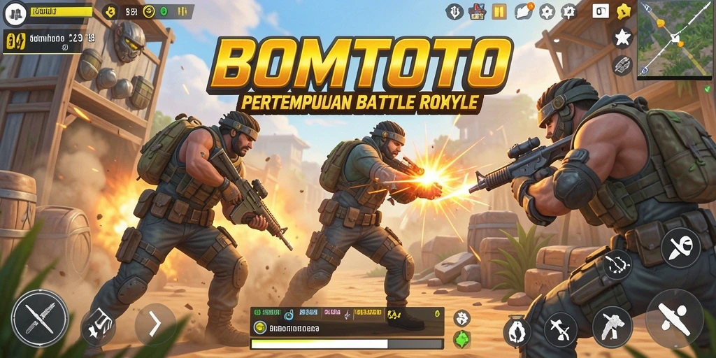Tampilan gameplay seru BOMTOTO di arena Battle Royale.