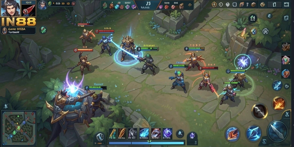 Screenshot utama IN88 menampilkan aksi seru dalam pertempuran tim MOBA.