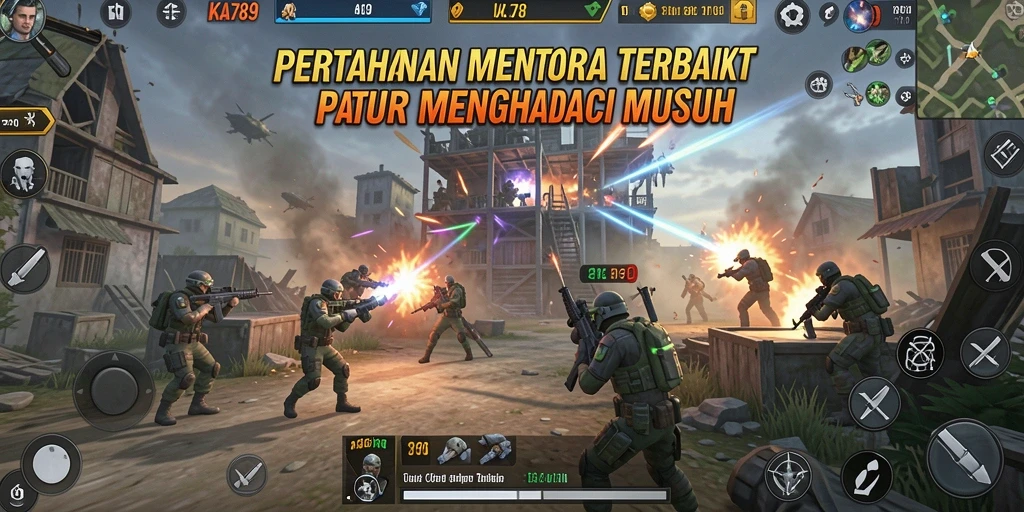 Screenshot gameplay KA789 menampilkan aksi menara bertahan melawan gelombang musuh.